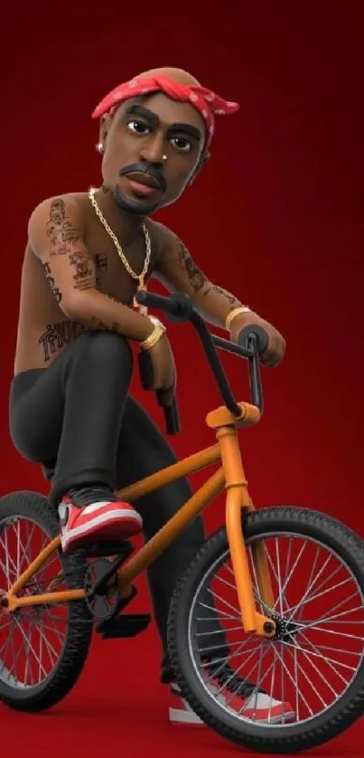 Cartoon character on a bike with a red background, ideal for mobile wallpaper.