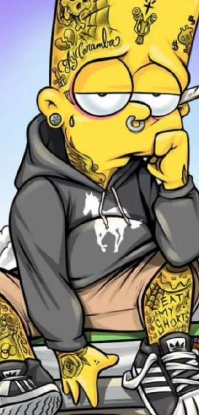 Cartoon character with tattoos and skateboard, vibrant art.