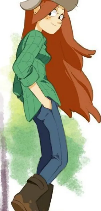 Cartoon girl with hat and red hair in casual attire.