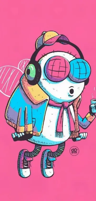 Cartoon character with headphones and vibrant colors.