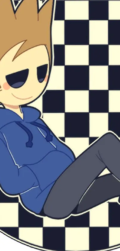 Cartoon character in blue hoodie with checkered background.