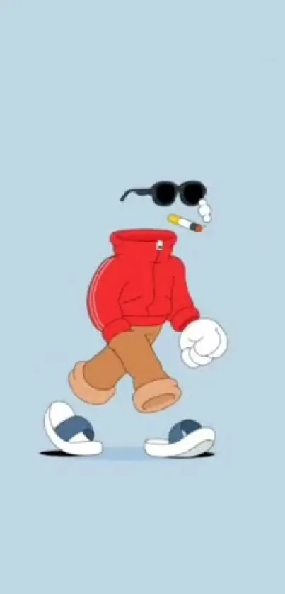 Cartoon character in red hoodie on light blue background.