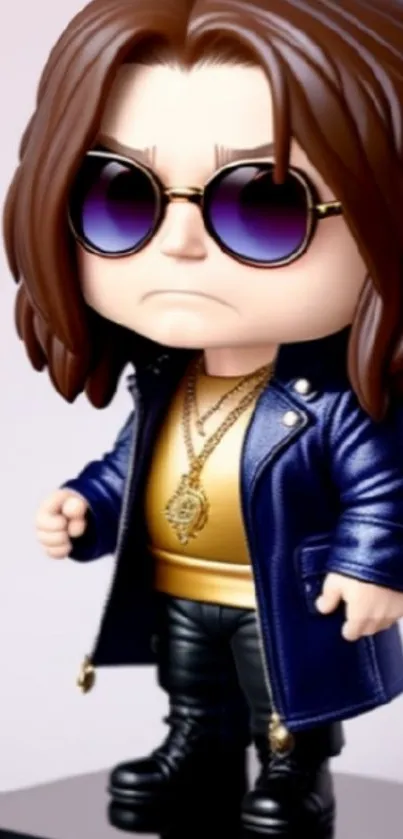 Cartoon character in blue jacket and sunglasses standing on pedestal.