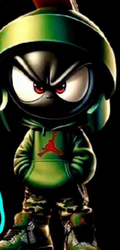 Cartoon character in green outfit on black background.