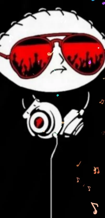 Cartoon character in DJ mode with headphones and colorful musical notes.