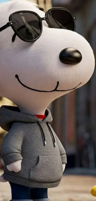 Cartoon dog wearing a hoodie in an urban setting.
