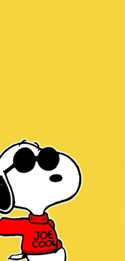 Cool cartoon dog in sunglasses on a bright yellow mobile wallpaper.