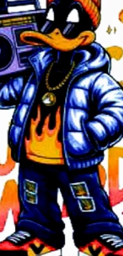 Cool cartoon duck character with boom box and street style.