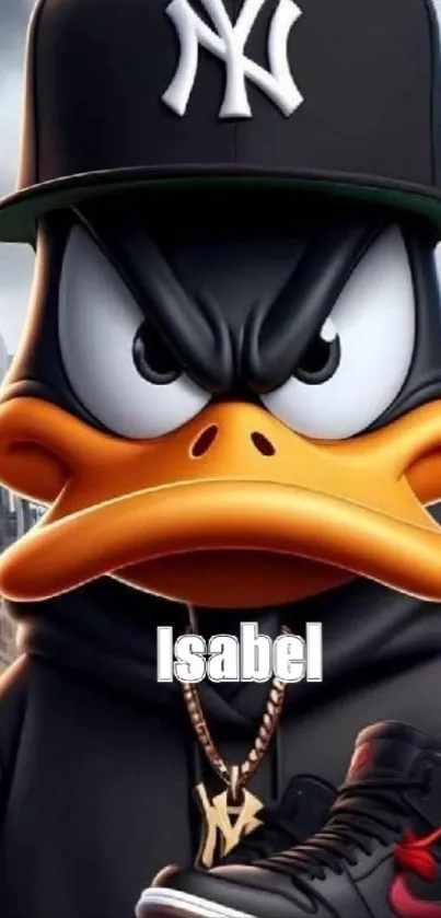 Cartoon duck in urban style with sneaker and city background.
