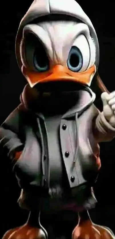 Animated duck with hoodie on dark background.