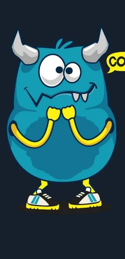 Cute blue cartoon monster on dark background.