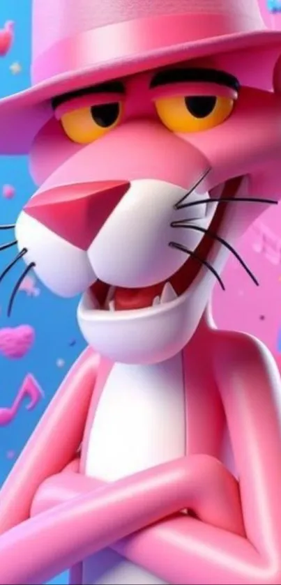 Vibrant cartoon Pink Panther with a rainbow and musical notes.