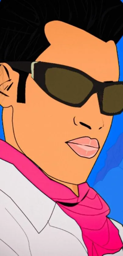 Cartoon portrait with sunglasses and pink scarf on blue background.