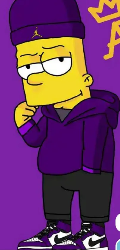 Cool cartoon character in purple attire on a vibrant mobile wallpaper.