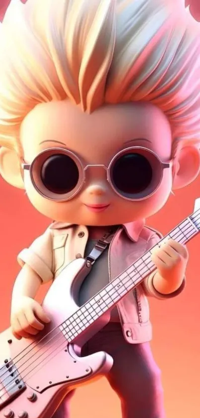 Cartoon rocker with guitar and sunglasses on an orange background.