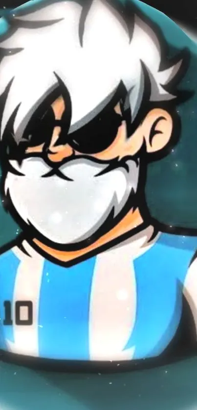 Cartoon character in blue and white soccer jersey with shades.