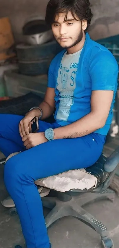 Young man in blue attire sitting on a chair.