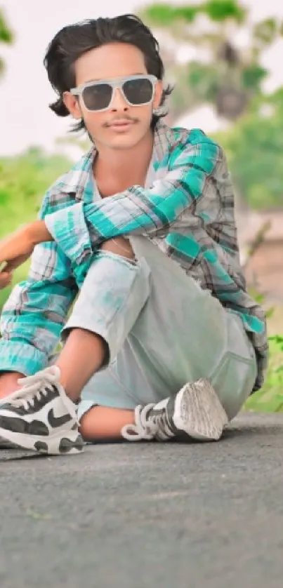 Casually dressed individual sitting on a street with trees in the background.