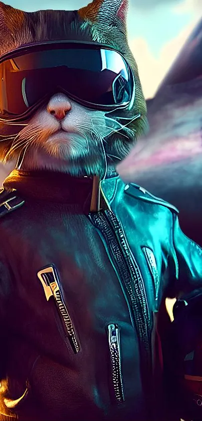 Vibrant cat in aviator gear with teal background.