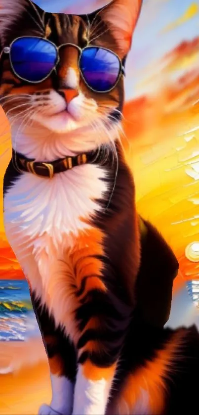 Stylish cat with sunglasses at a vibrant beach sunset scene.