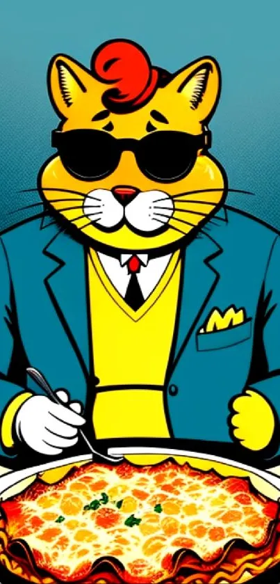 A cartoon cat in sunglasses enjoying pizza with a teal background.