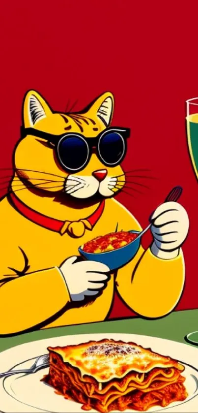 Cat in sunglasses eating with lasagna and drink on table.