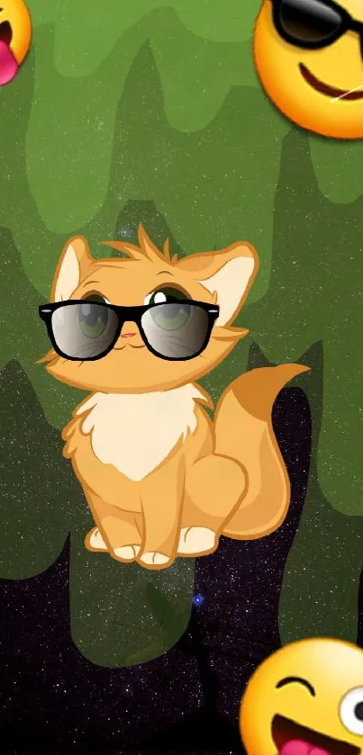 Cool cat with sunglasses and emojis on a galaxy background wallpaper.