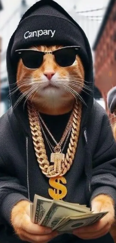 Stylish cat with gold chains and sunglasses in urban setting.