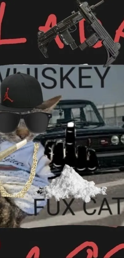 Gangster cat with car and sunglasses background.