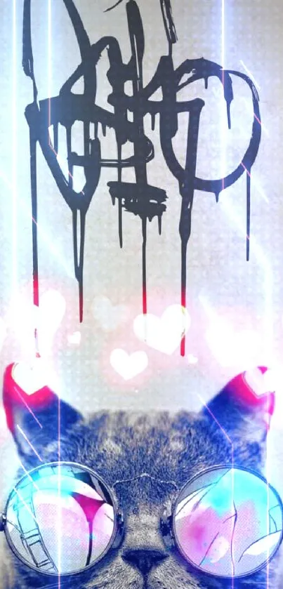 Cat with graffiti art and hearts background wallpaper.