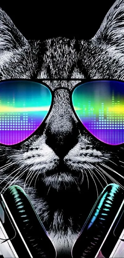 Cat wearing colorful headphones and sunglasses, vibrant wallpaper.