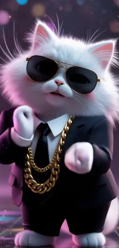 White fluffy cat in a black suit with sunglasses.