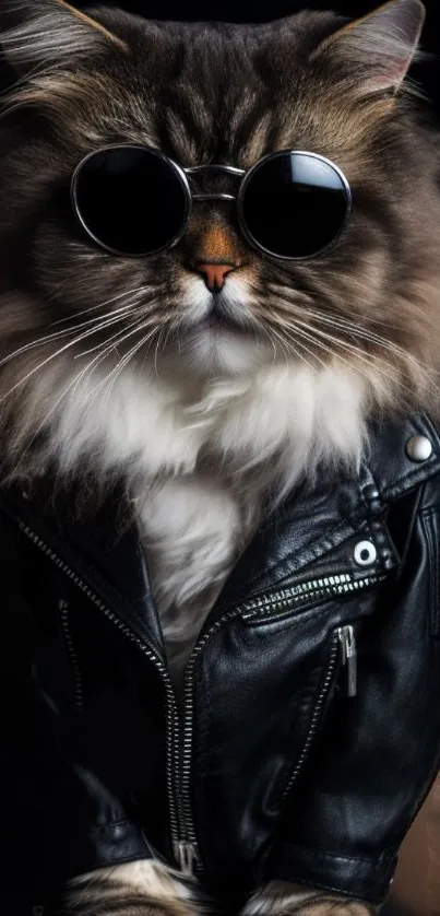 Chic cat in sunglasses and black leather jacket on a stylish wallpaper.