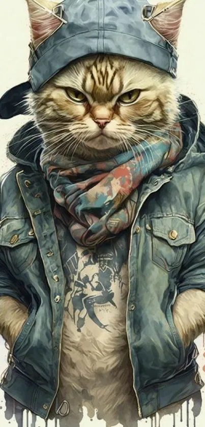 Stylish cat in denim jacket and cap illustration.