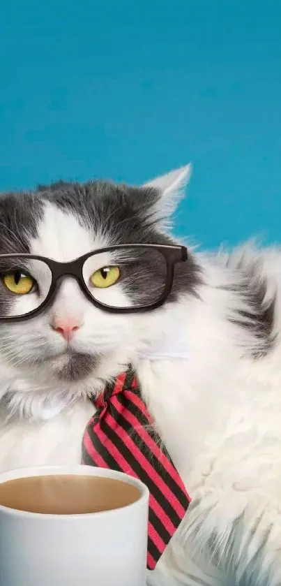 Fluffy cat wearing glasses and a tie with a blue background.