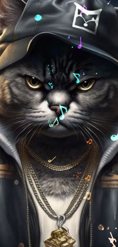 Cool cat wearing a hoodie with gold chains in a digital art style.