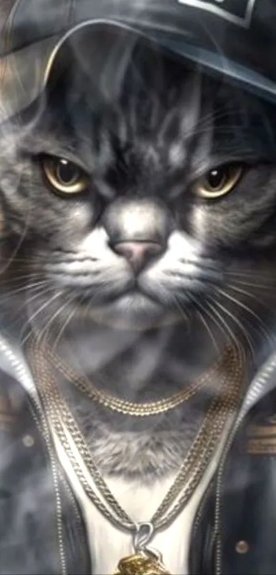 Cool cat with hoodie and gold chains in a stylish mobile wallpaper.