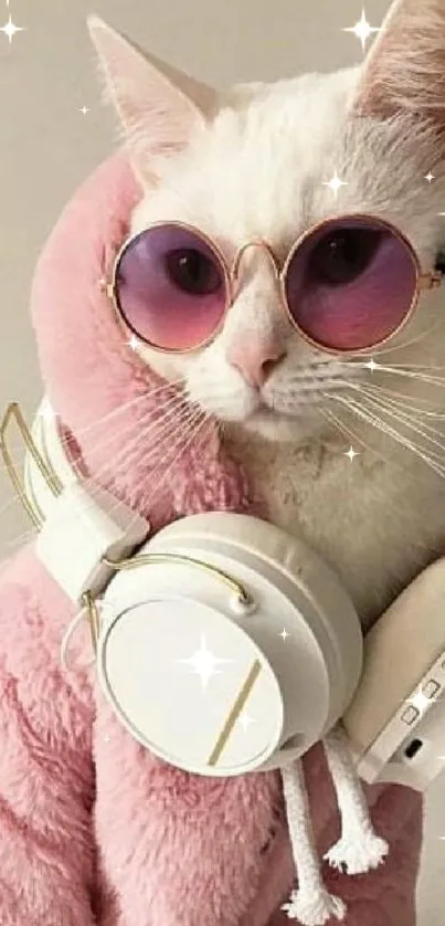 Cat in pink coat with sunglasses and headphones.