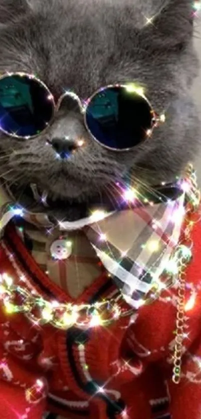 Cool cat wearing sunglasses and red sweater with chains.