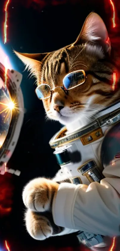 Cat in space suit with sunglasses and orange cosmic background.