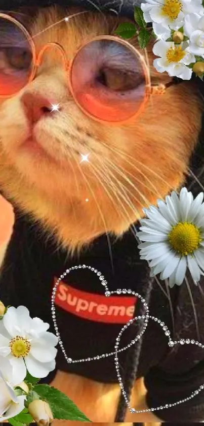 Trendy cat in hoodie and sunglasses with flowers and hearts design.