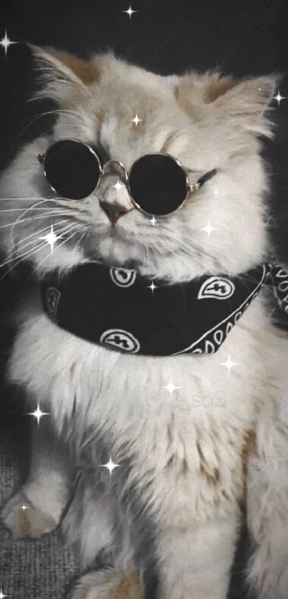 Fluffy cat wearing sunglasses and a bandana.