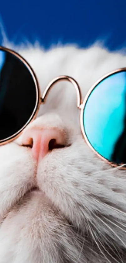 White cat wearing sunglasses with blue background.