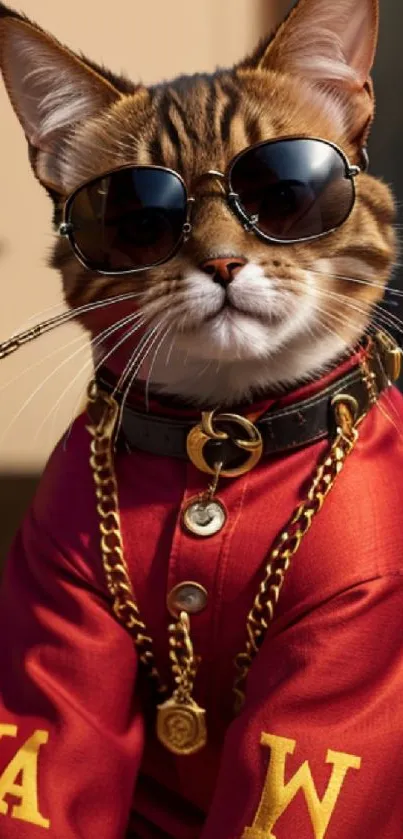 Stylish cat wearing sunglasses and a red jacket with chains.