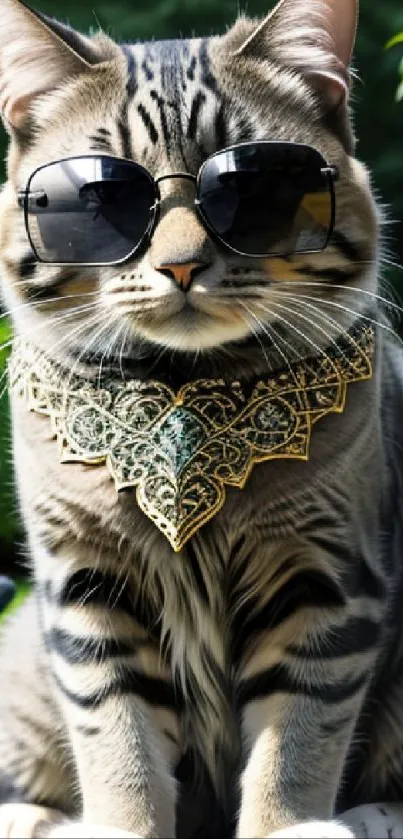 Cat with sunglasses and intricate collar in a garden setting.