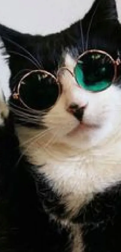 A cool cat wearing sunglasses with a black and white fur pattern, looking stylish.