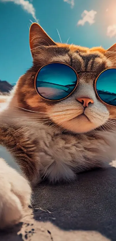 Playful cat in sunglasses on sunny day wallpaper.