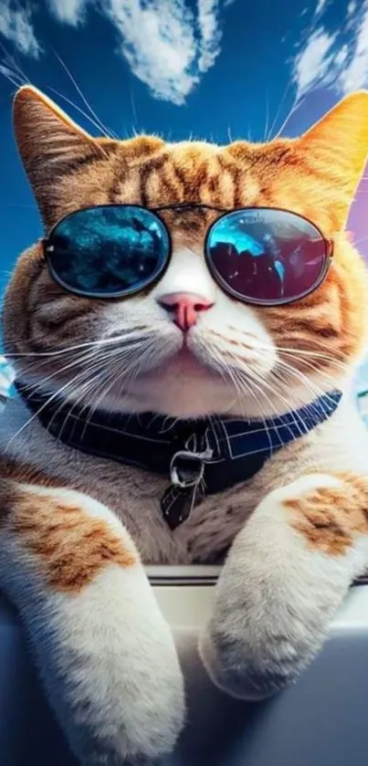 Cat wearing sunglasses enjoying sunny day.