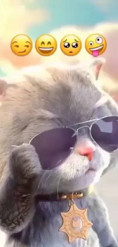 3D cat in sunglasses with emojis, vibrant mobile wallpaper.