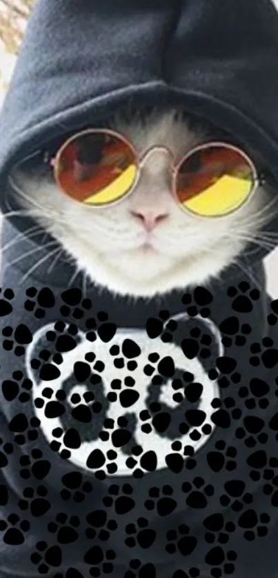 Stylish cat in hoodie with sunglasses and panda print design.